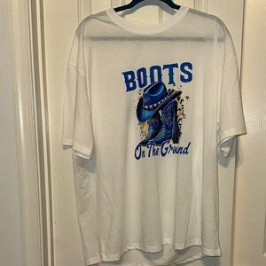 White T-Shirt with Blue Boots Graphic